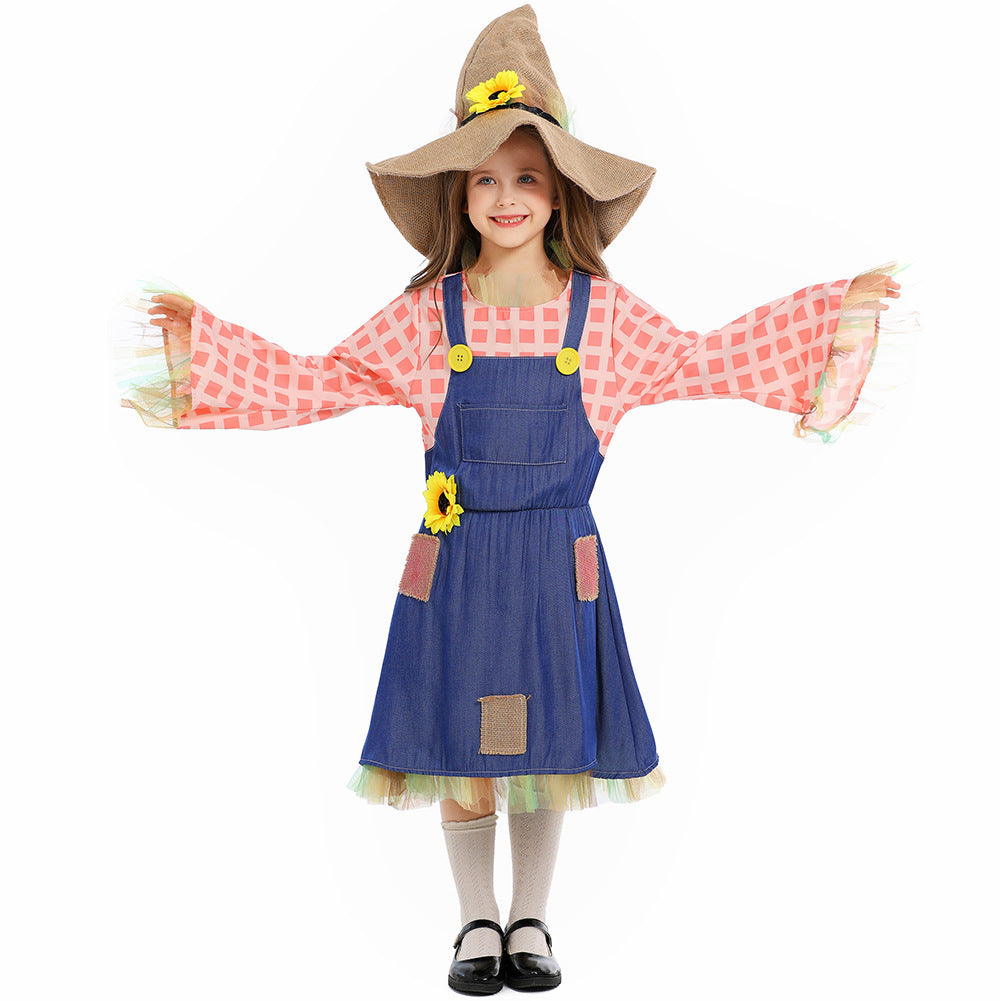 Girls scarecrow Halloween costume with denim-look pinafore dress, pink check sleeves and burlap-look sunflower hat - view 3