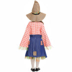 Girls scarecrow Halloween costume with denim-look pinafore dress, pink check sleeves and burlap-look sunflower hat - view 4