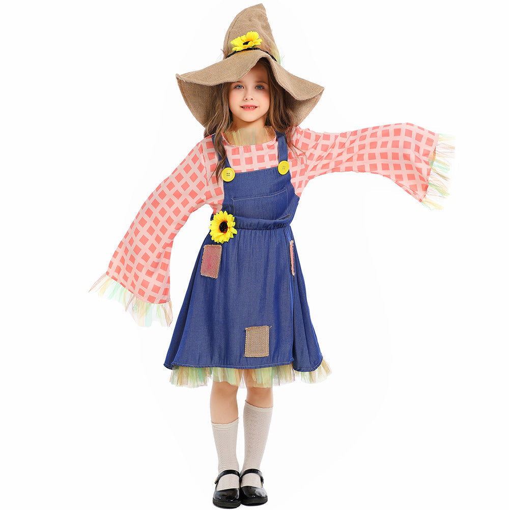 Girls scarecrow Halloween costume with denim-look pinafore dress, pink check sleeves and burlap-look sunflower hat - view 5