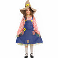 Girls scarecrow Halloween costume with denim-look pinafore dress, pink check sleeves and burlap-look sunflower hat - view 6