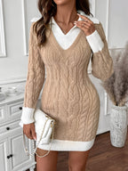 Beige cable knit sweater dress with white collar and ribbed trim - view 2