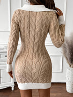 Beige cable knit sweater dress with white collar and ribbed trim - view 5