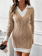 Beige cable knit sweater dress with white collar and ribbed trim - view 7