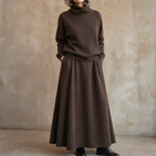 Brown knit sweater and maxi skirt set with pockets worn with black boots