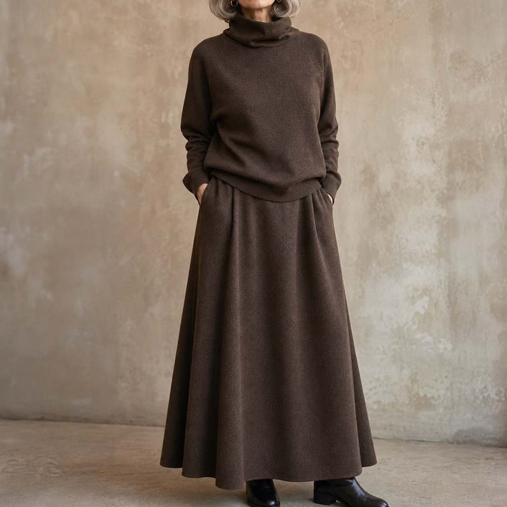 Brown knit sweater and maxi skirt set with pockets worn with black boots