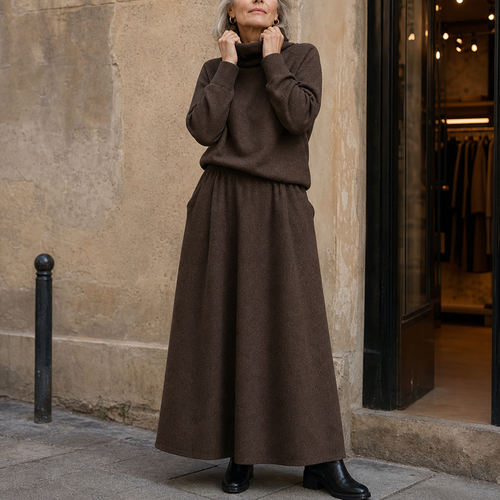 Brown knit sweater and maxi skirt set with pockets worn with black boots - view 2