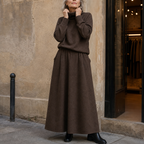 Brown knit sweater and maxi skirt set with pockets worn with black boots - view 2