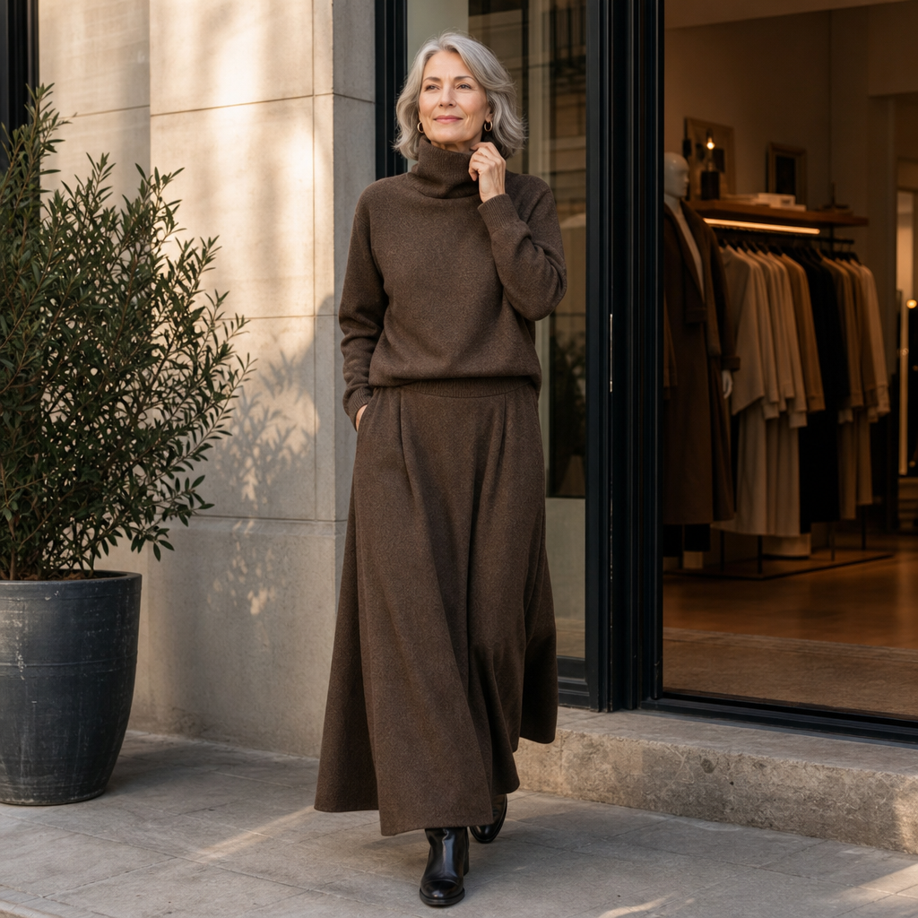Brown knit sweater and maxi skirt set with pockets worn with black boots - view 3