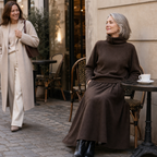 Brown knit sweater and maxi skirt set with pockets worn with black boots - view 4