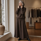 Brown knit sweater and maxi skirt set with pockets worn with black boots - view 5