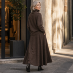 Brown knit sweater and maxi skirt set with pockets worn with black boots - view 6