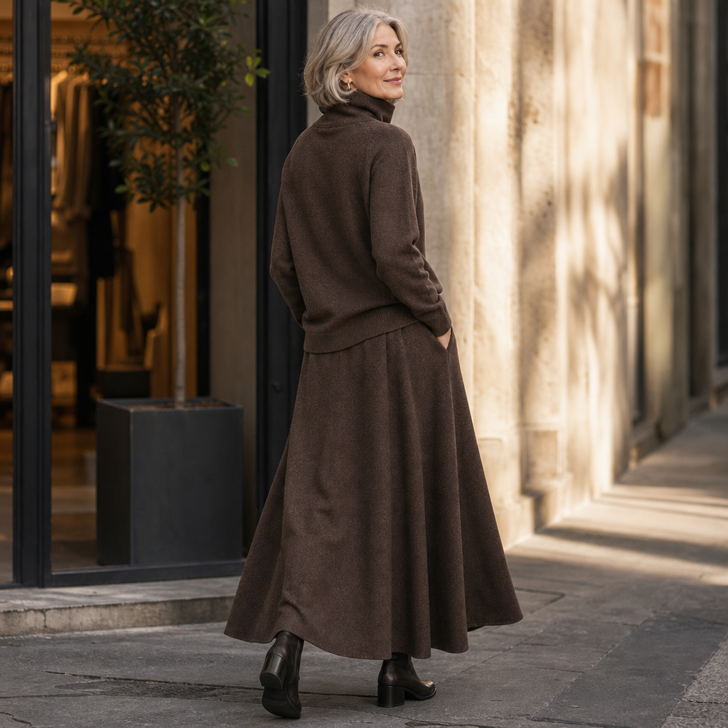 Brown knit sweater and maxi skirt set with pockets worn with black boots - view 6