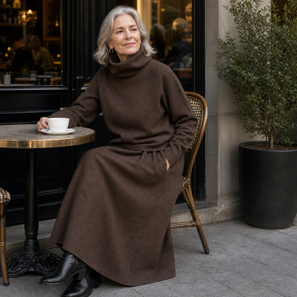 Brown knit sweater and maxi skirt set with pockets worn with black boots - view 7