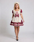 Women's maid Halloween costume with ruffled cream apron, ribbon-laced bib, puff sleeves and headpiece