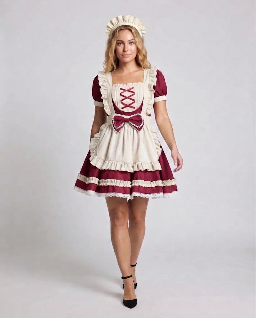 Women's maid Halloween costume with ruffled cream apron, ribbon-laced bib, puff sleeves and headpiece