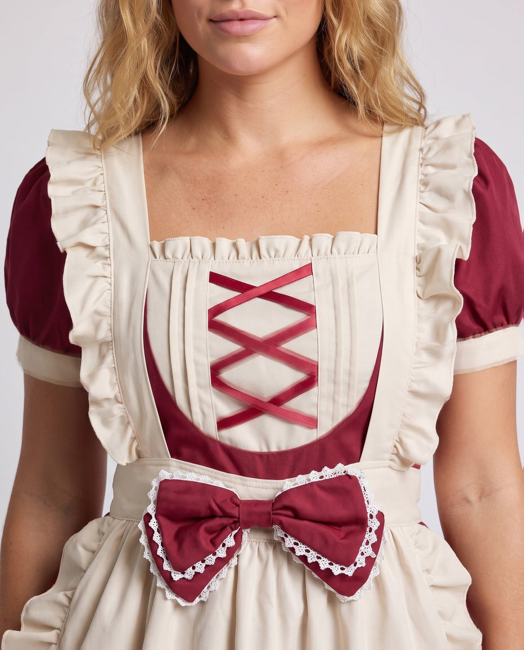 Women's maid Halloween costume with ruffled cream apron, ribbon-laced bib, puff sleeves and headpiece - view 2