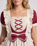 Women's maid Halloween costume with ruffled cream apron, ribbon-laced bib, puff sleeves and headpiece - view 2