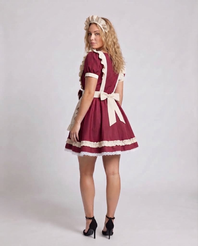 Women's maid Halloween costume with ruffled cream apron, ribbon-laced bib, puff sleeves and headpiece - view 3