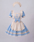Women's maid Halloween costume with ruffled cream apron, ribbon-laced bib, puff sleeves and headpiece - view 4