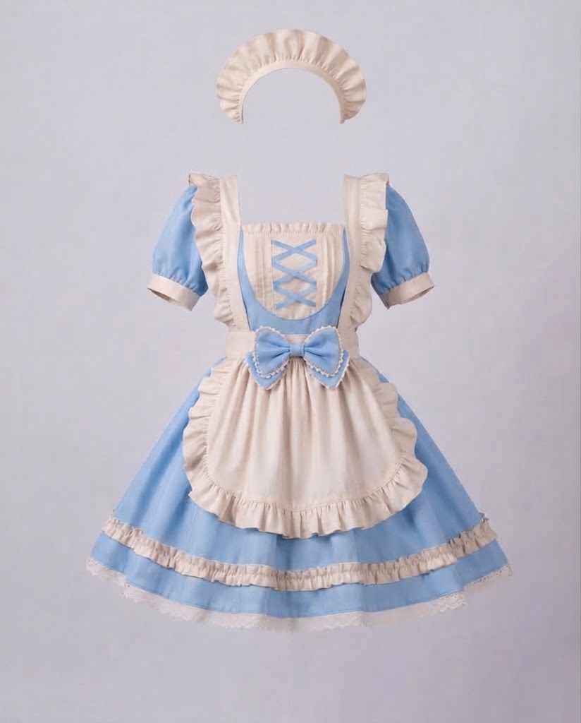 Women's maid Halloween costume with ruffled cream apron, ribbon-laced bib, puff sleeves and headpiece - view 4