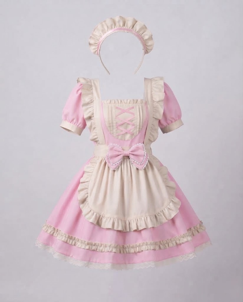 Women's maid Halloween costume with ruffled cream apron, ribbon-laced bib, puff sleeves and headpiece - view 5