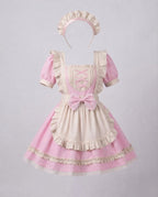Women's maid Halloween costume with ruffled cream apron, ribbon-laced bib, puff sleeves and headpiece - view 5
