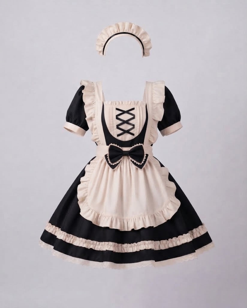Women's maid Halloween costume with ruffled cream apron, ribbon-laced bib, puff sleeves and headpiece - view 6