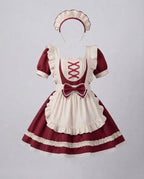 Women's maid Halloween costume with ruffled cream apron, ribbon-laced bib, puff sleeves and headpiece - view 7
