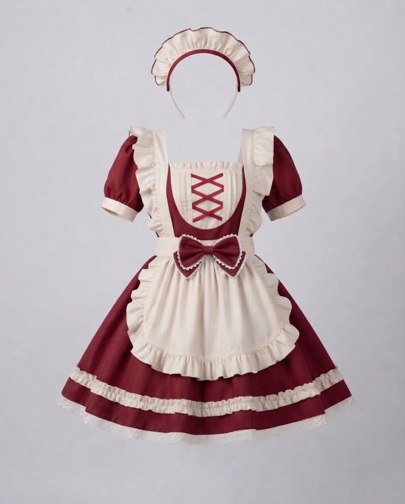 Women's maid Halloween costume with ruffled cream apron, ribbon-laced bib, puff sleeves and headpiece - view 7
