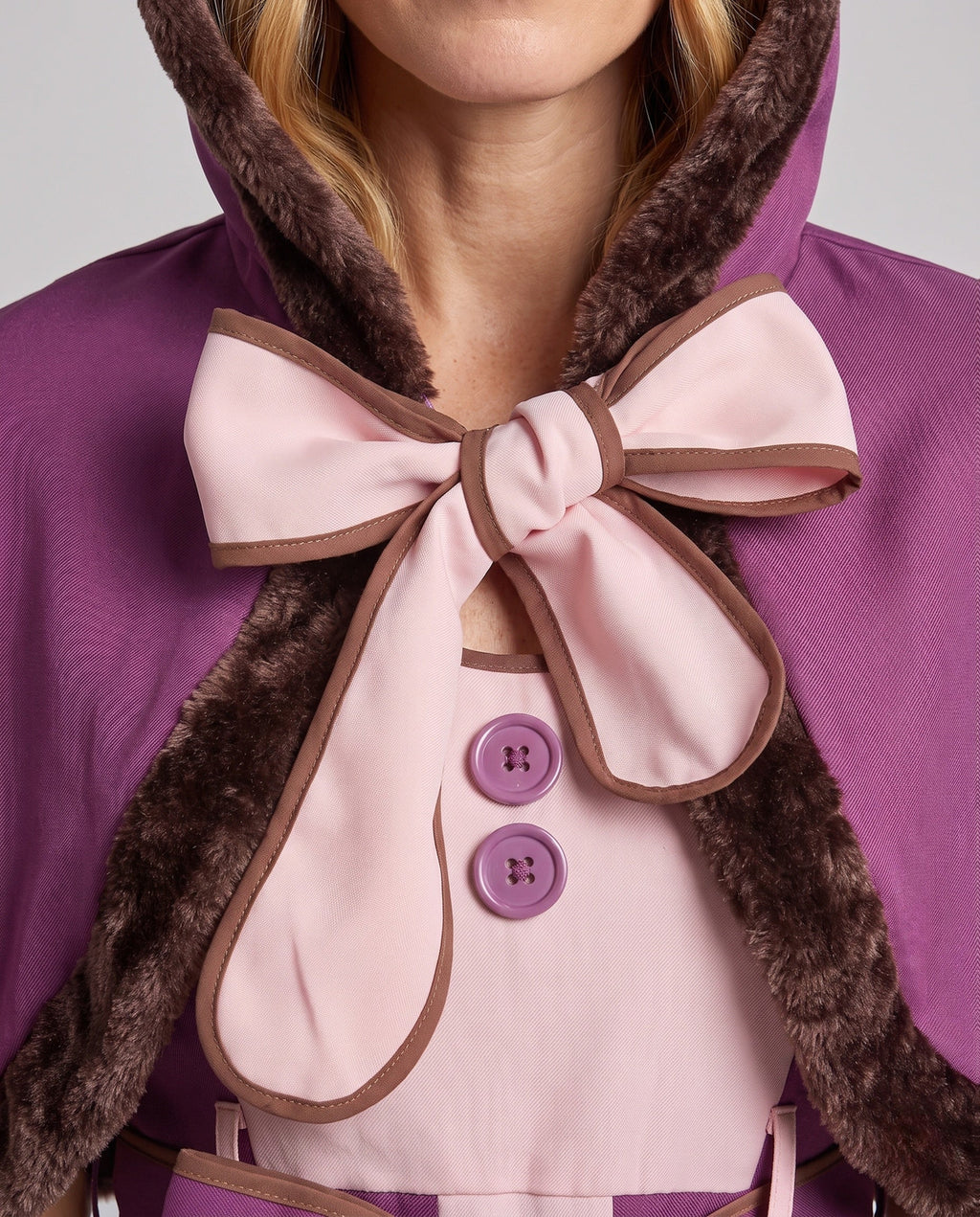 Women's hooded cat Halloween costume with pink and purple striped dress, faux fur trimmed capelet and bow tail - view 2