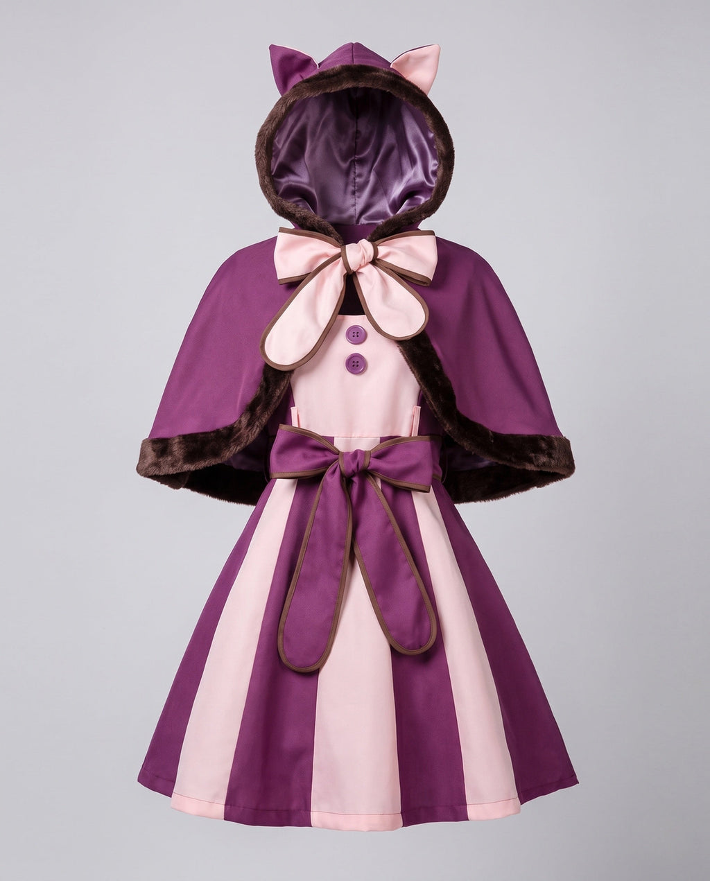 Women's hooded cat Halloween costume with pink and purple striped dress, faux fur trimmed capelet and bow tail - view 4