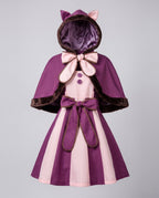 Women's hooded cat Halloween costume with pink and purple striped dress, faux fur trimmed capelet and bow tail - view 4