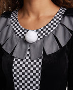 Women's black velvet jester Halloween costume with checkered panels and pom-pom peplum - view 2