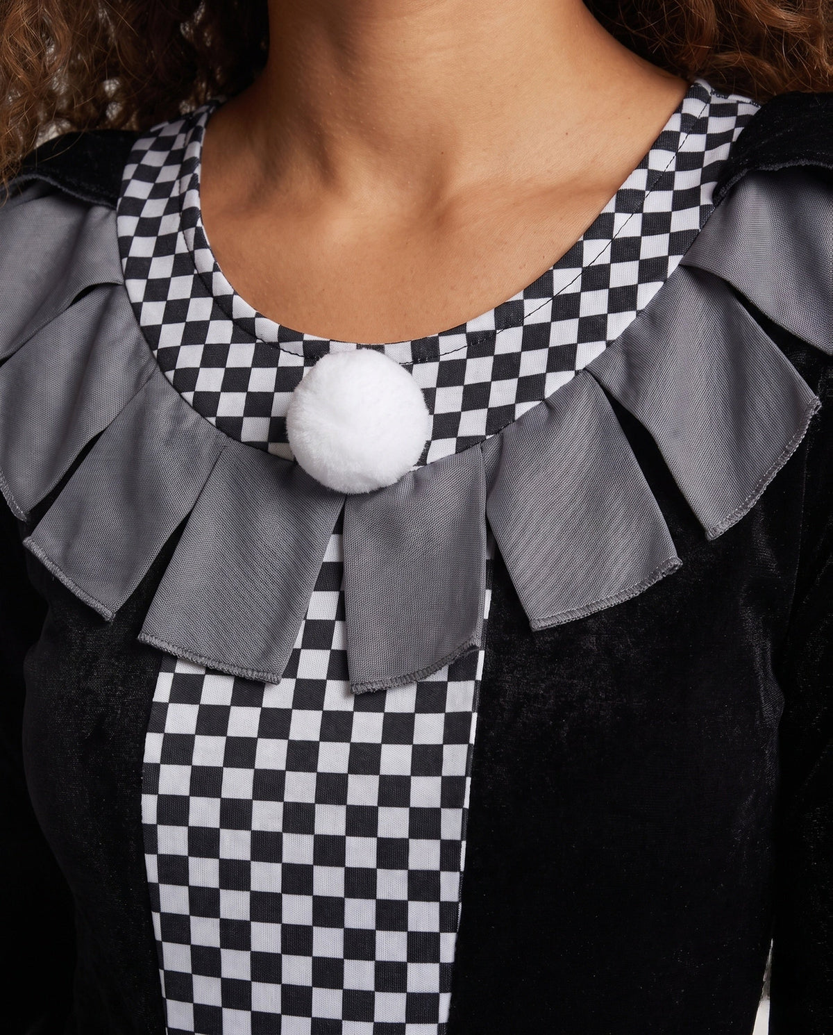Women's black velvet jester Halloween costume with checkered panels and pom-pom peplum - view 2