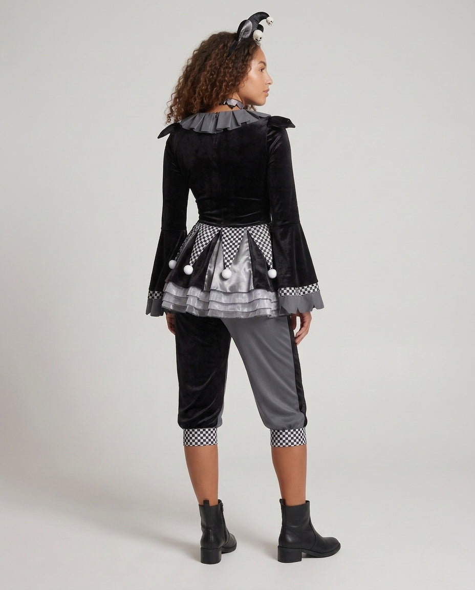 Women's black velvet jester Halloween costume with checkered panels and pom-pom peplum - view 3