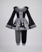 Women's black velvet jester Halloween costume with checkered panels and pom-pom peplum - view 4
