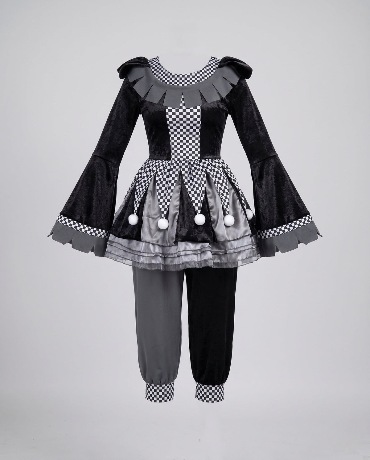 Women's black velvet jester Halloween costume with checkered panels and pom-pom peplum - view 4