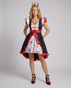 Women's Queen of Hearts costume dress with playing-card print underskirt and red satin ruffle trim