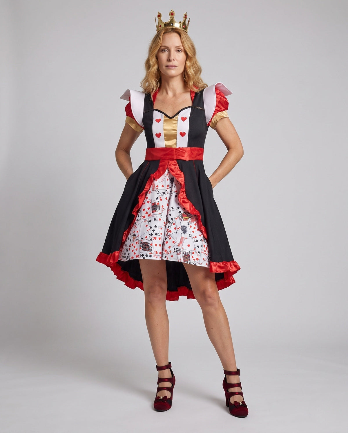 Women's Queen of Hearts costume dress with playing-card print underskirt and red satin ruffle trim