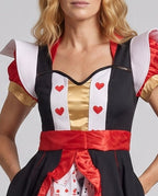 Women's Queen of Hearts costume dress with playing-card print underskirt and red satin ruffle trim - view 2