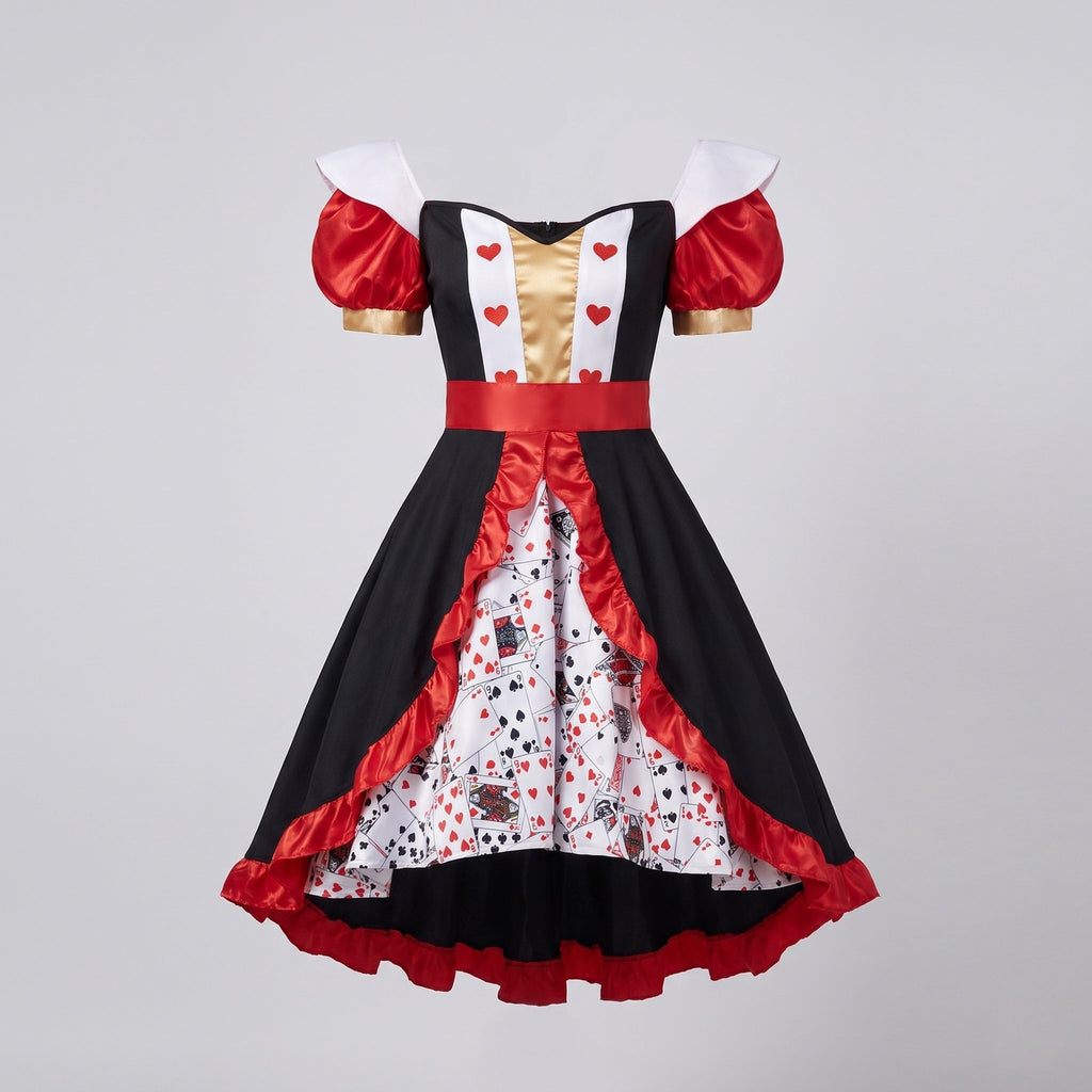 Women's Queen of Hearts costume dress with playing-card print underskirt and red satin ruffle trim - view 4