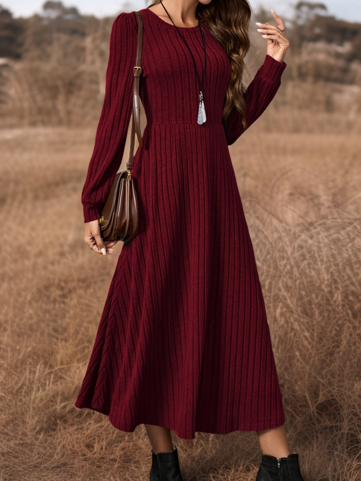 Burgundy ribbed knit long sleeve A-line midi dress with crew neck