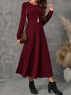 Burgundy ribbed knit long sleeve A-line midi dress with crew neck - view 2
