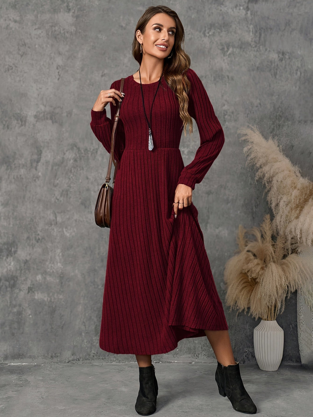 Burgundy ribbed knit long sleeve A-line midi dress with crew neck - view 6