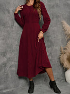 Burgundy ribbed knit long sleeve A-line midi dress with crew neck - view 7