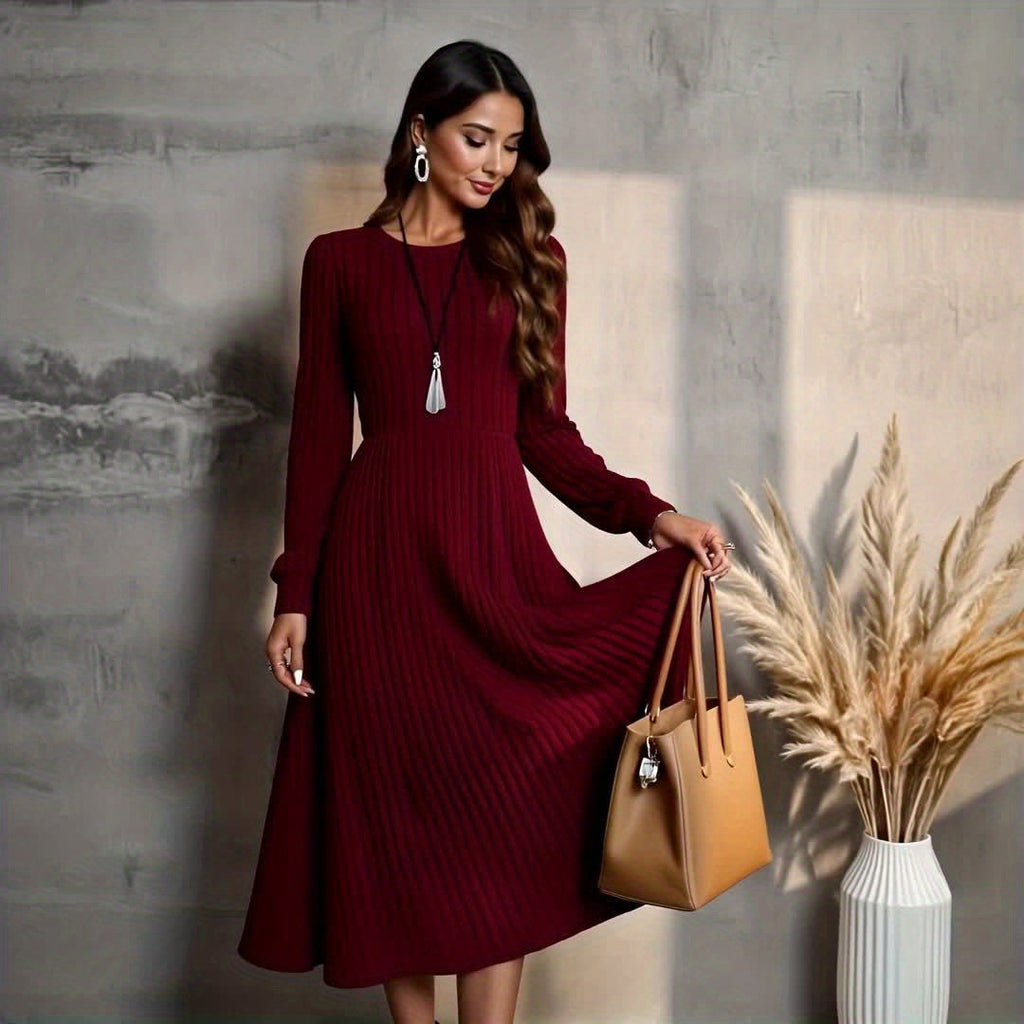 Burgundy ribbed knit long sleeve A-line midi dress with crew neck - view 8