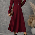 Burgundy ribbed knit long sleeve A-line midi dress with crew neck - view 9