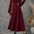 Burgundy ribbed knit long sleeve A-line midi dress with crew neck - view 9