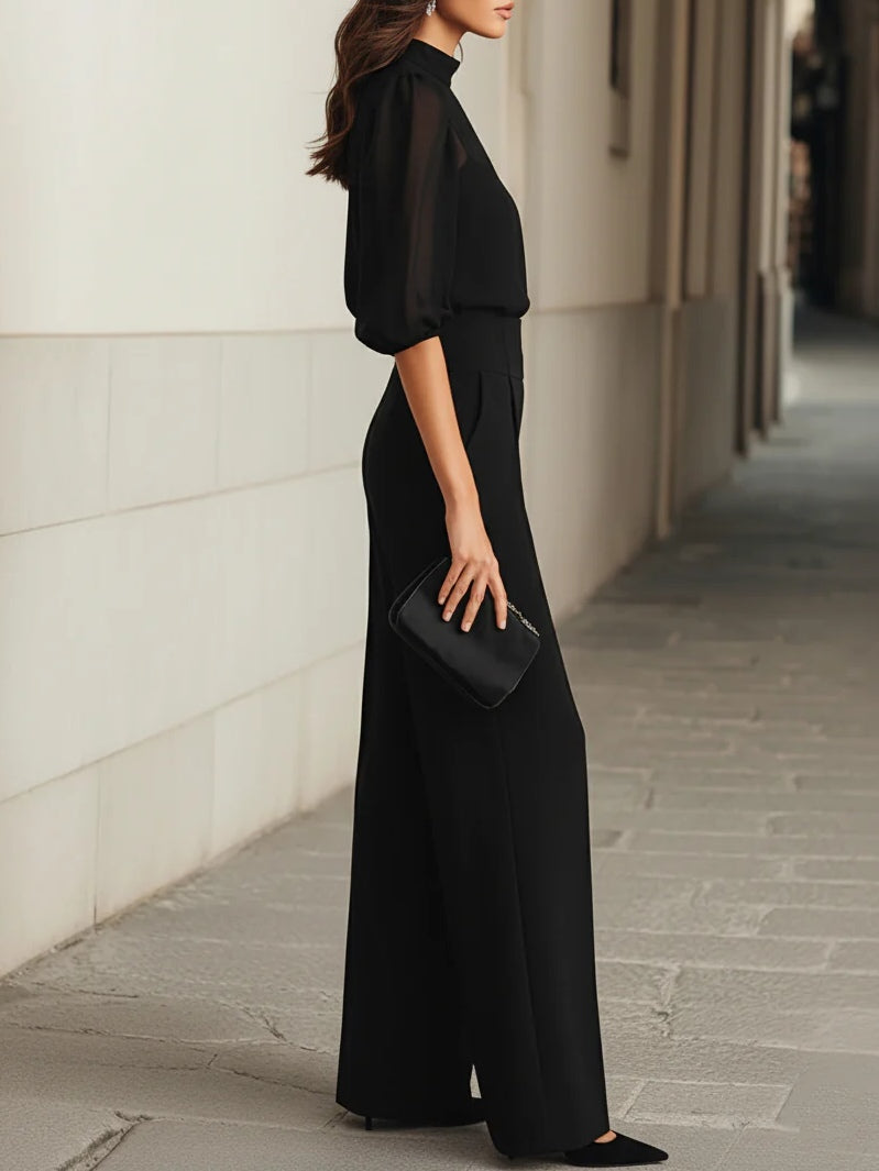Women's black wide leg pants set with sheer puff sleeve mock neck top - view 3