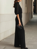 Women's black wide leg pants set with sheer puff sleeve mock neck top - view 3
